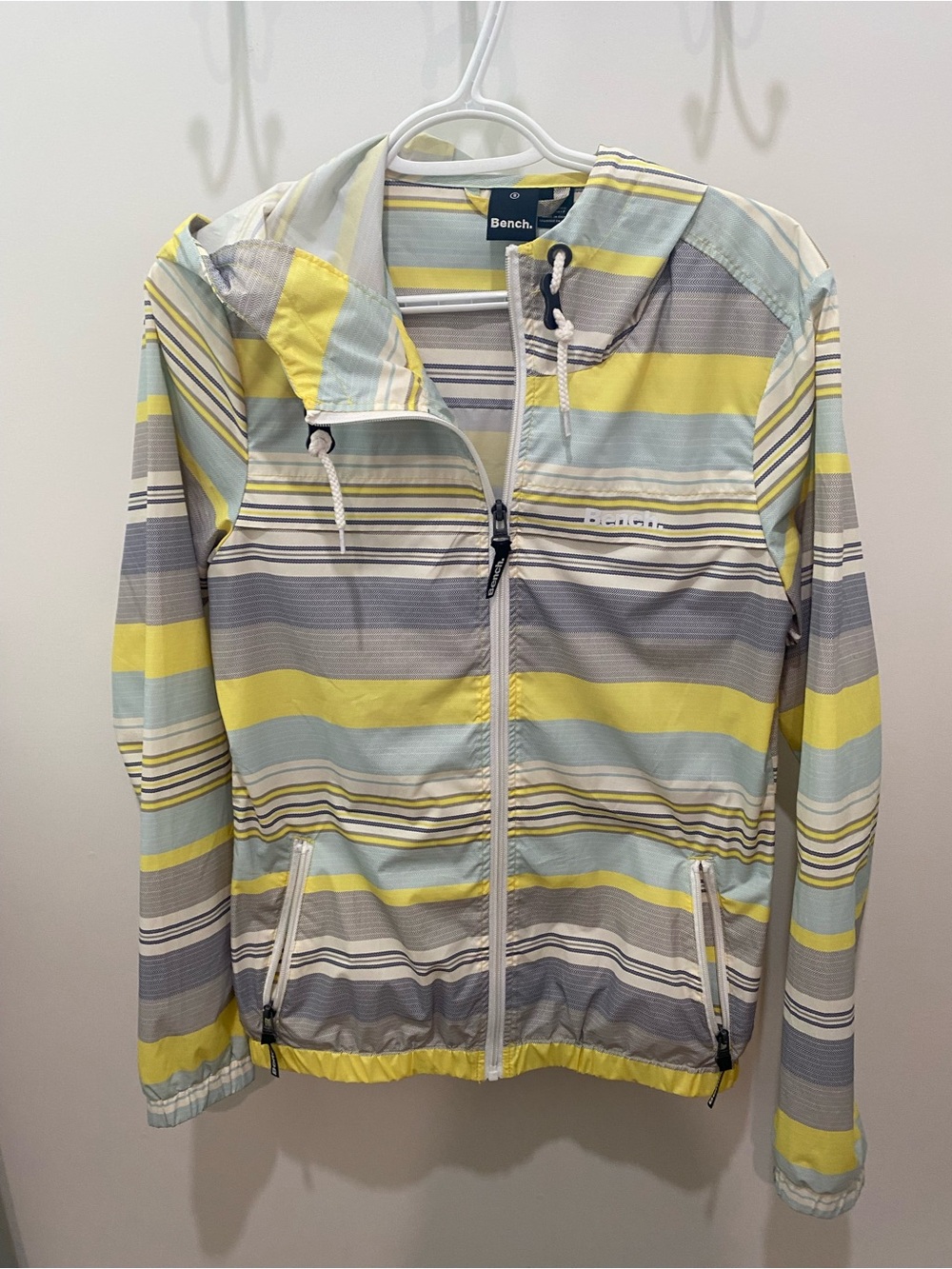 Bench Yellow Gray Blue Striped womens Hooded Rain Jacket